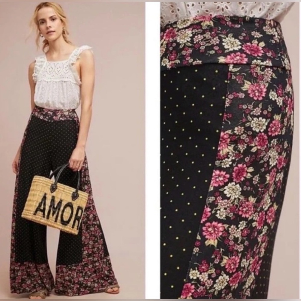 ✨ Farm Rio Anthropologie Wide Leg Pants Mixed Print Floral Polka Dot M